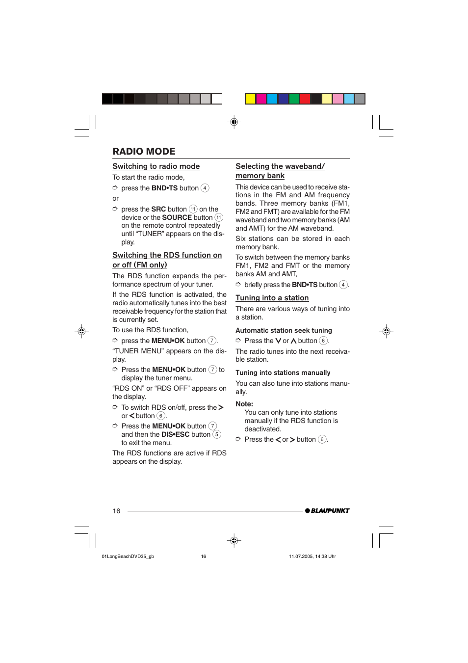 Radio mode | Blaupunkt LONG BEACH DVD35 User Manual | Page 16 / 65