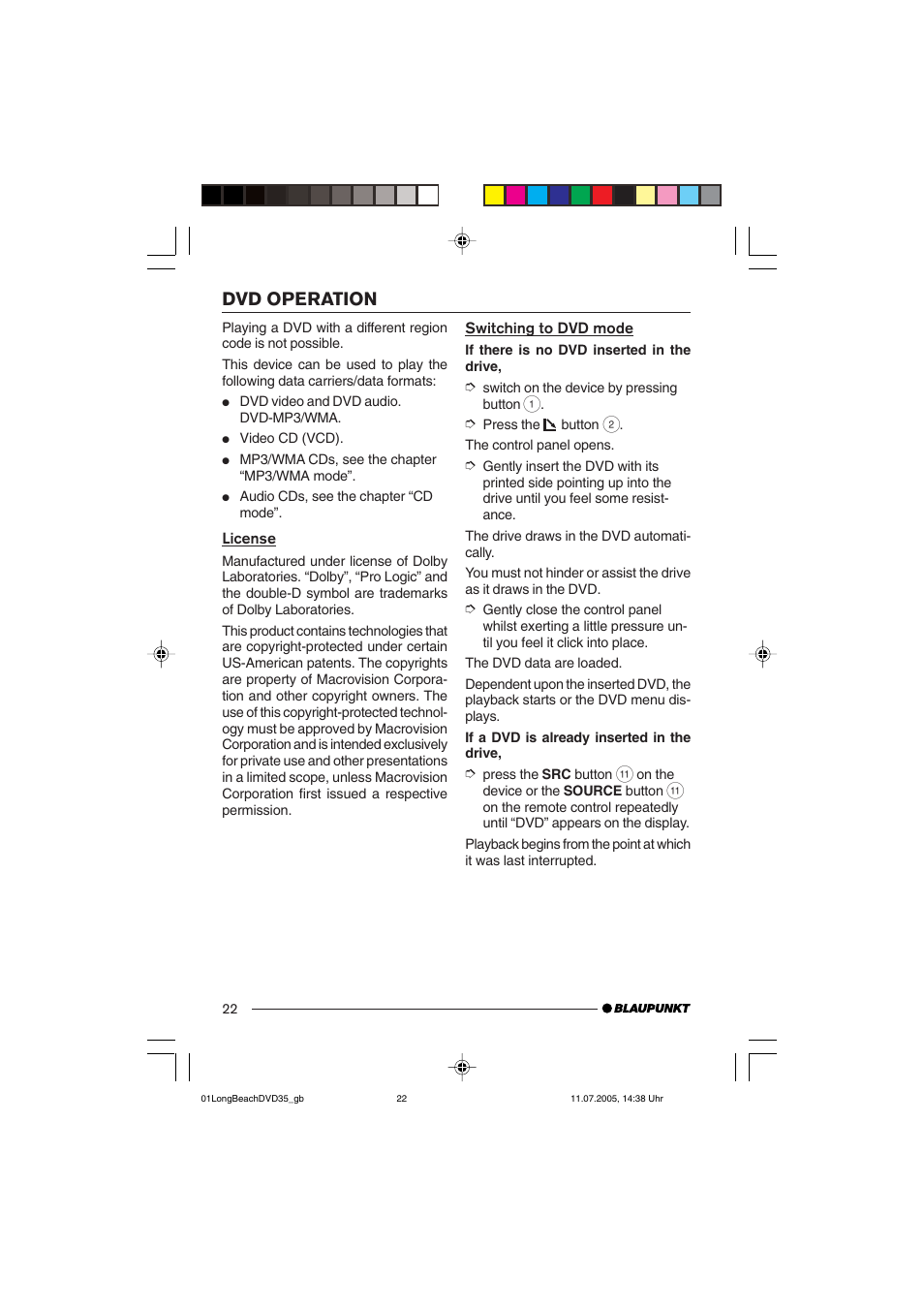 Dvd operation | Blaupunkt LONG BEACH DVD35 User Manual | Page 22 / 65