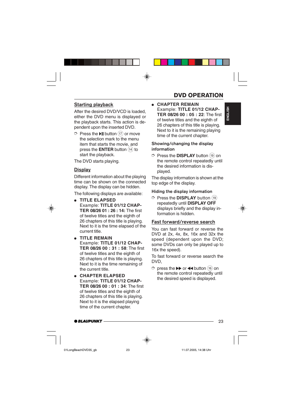 Dvd operation | Blaupunkt LONG BEACH DVD35 User Manual | Page 23 / 65