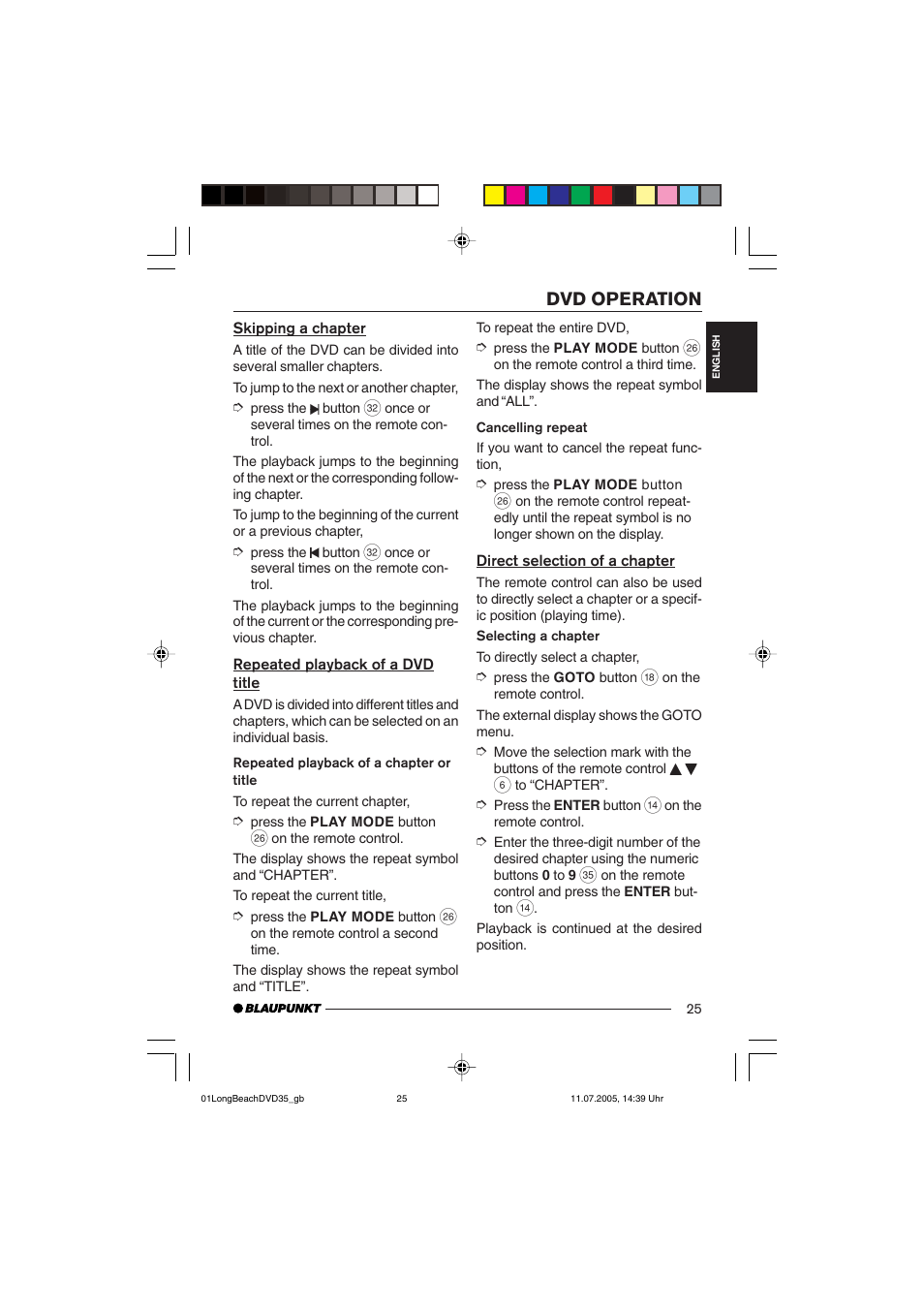Dvd operation | Blaupunkt LONG BEACH DVD35 User Manual | Page 25 / 65
