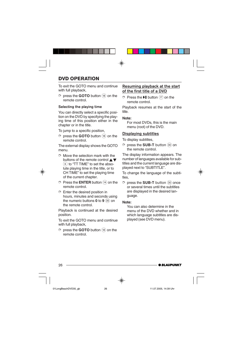 Dvd operation | Blaupunkt LONG BEACH DVD35 User Manual | Page 26 / 65