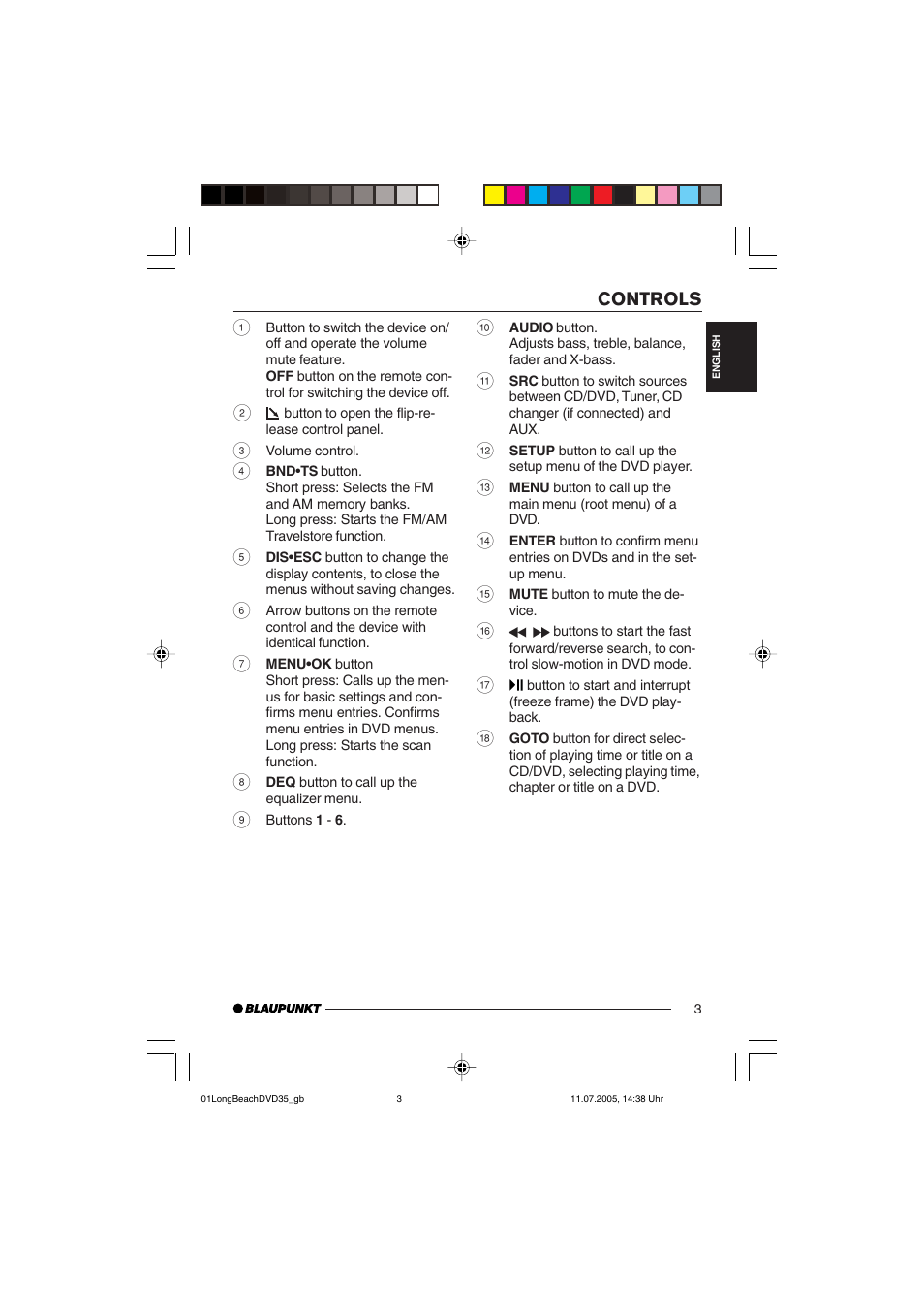 Controls | Blaupunkt LONG BEACH DVD35 User Manual | Page 3 / 65