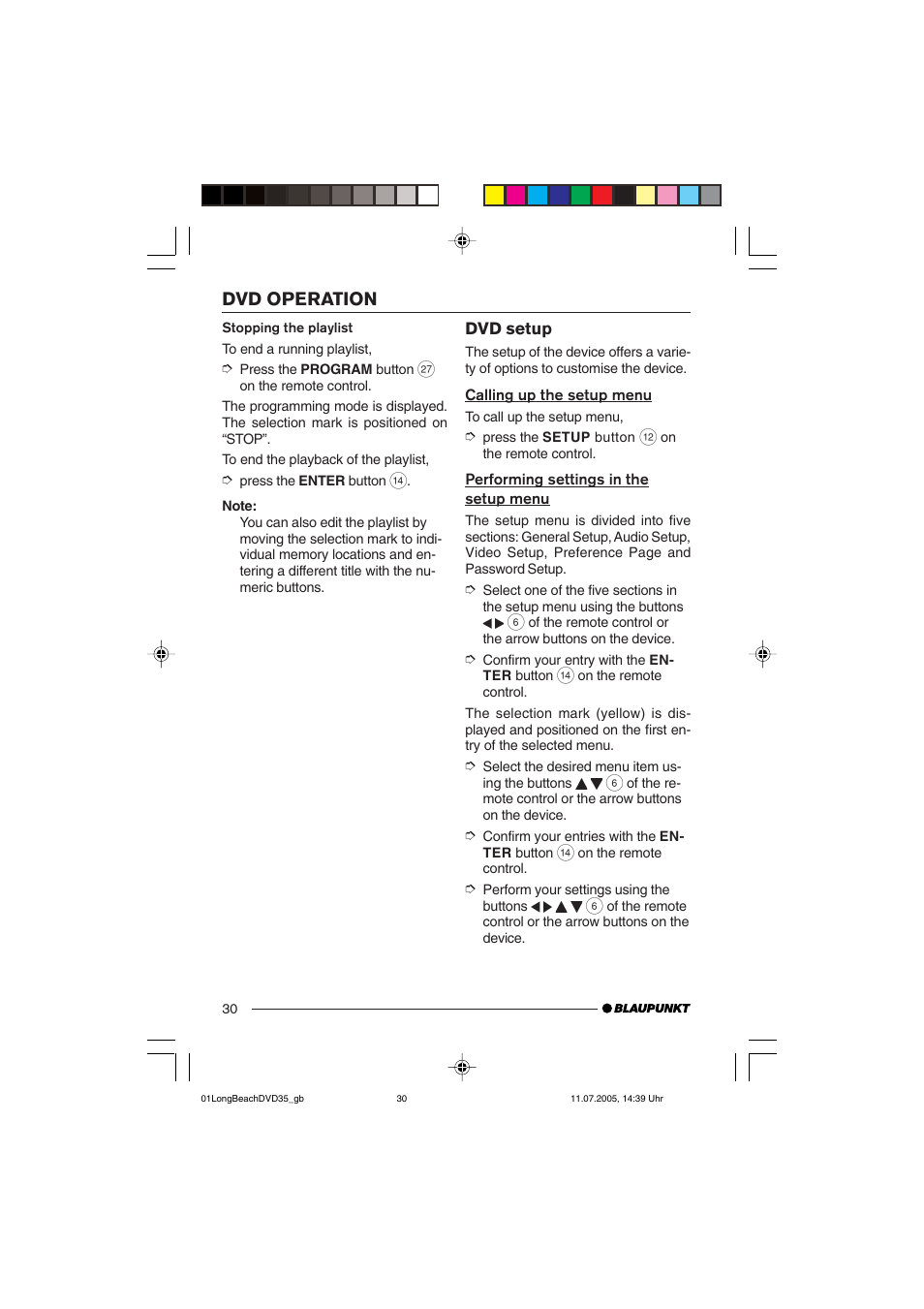 Dvd operation | Blaupunkt LONG BEACH DVD35 User Manual | Page 30 / 65
