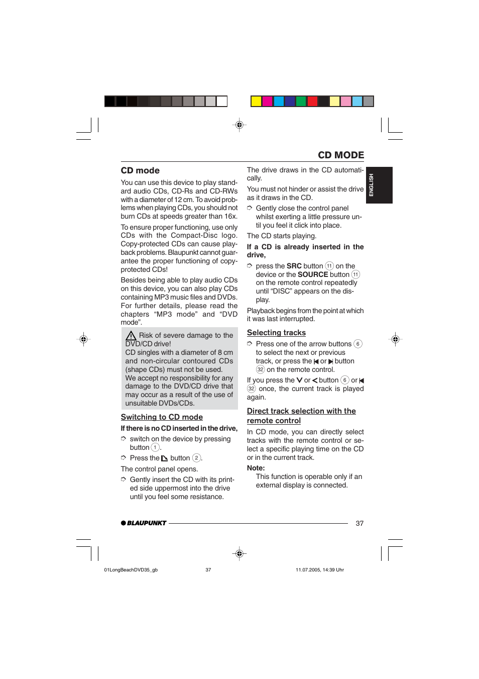 Cd mode | Blaupunkt LONG BEACH DVD35 User Manual | Page 37 / 65