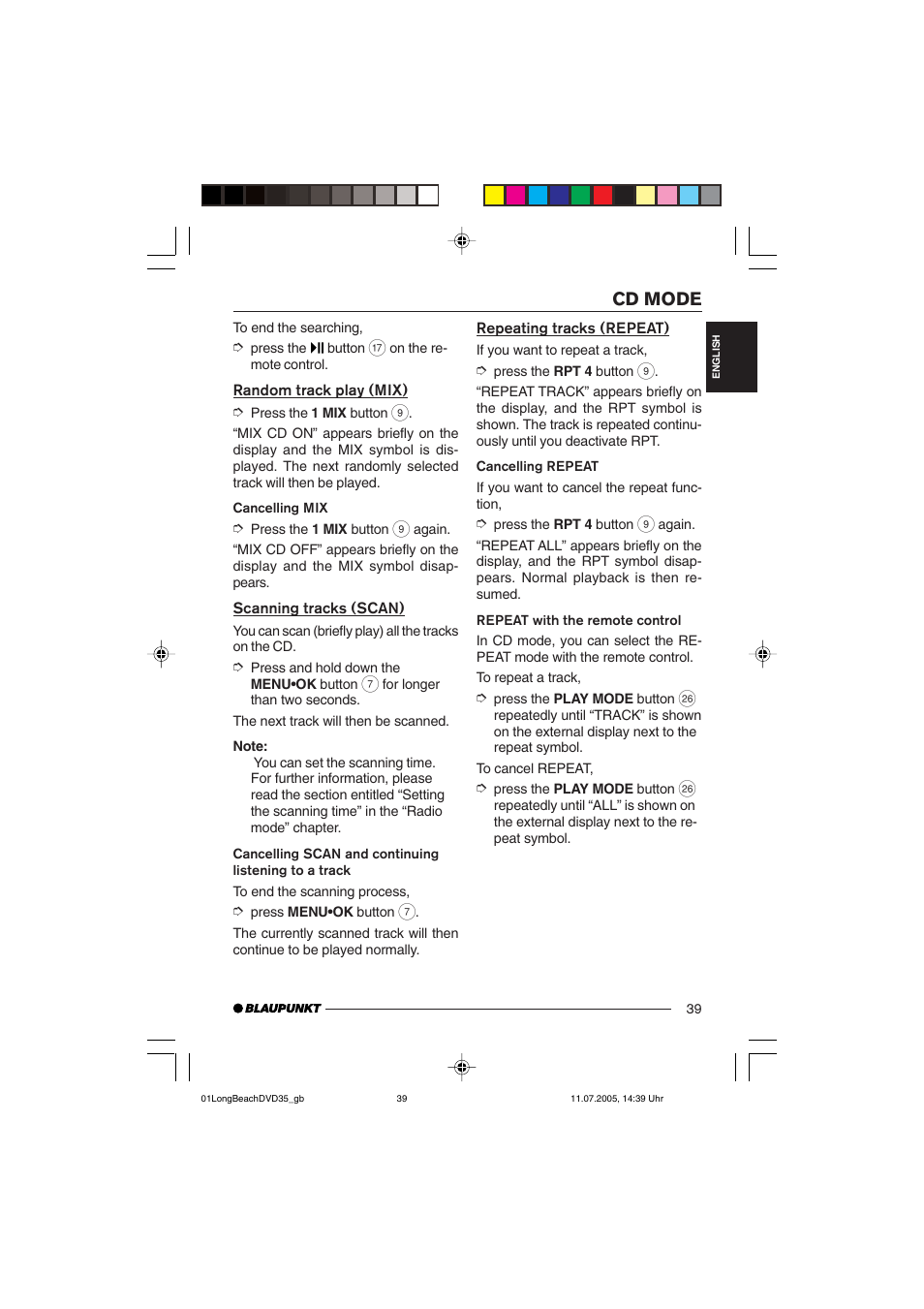 Cd mode | Blaupunkt LONG BEACH DVD35 User Manual | Page 39 / 65