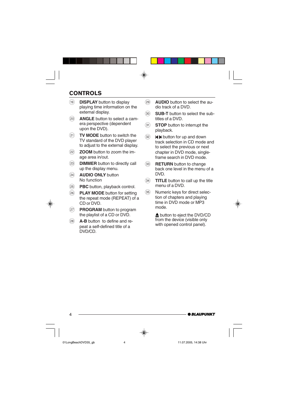 Controls | Blaupunkt LONG BEACH DVD35 User Manual | Page 4 / 65