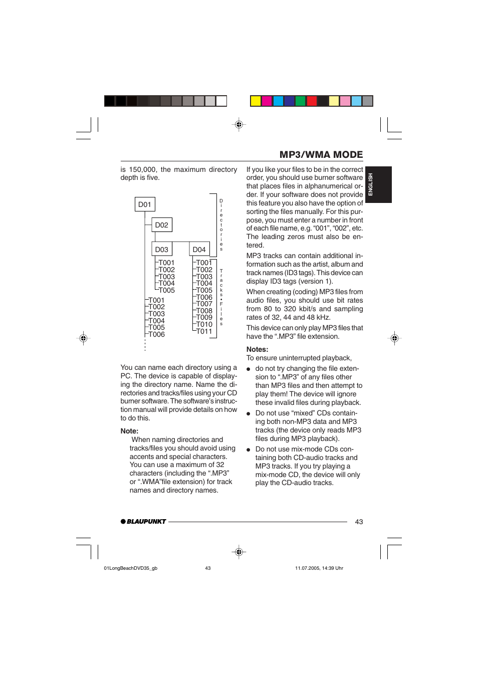 Mp3/wma mode | Blaupunkt LONG BEACH DVD35 User Manual | Page 43 / 65