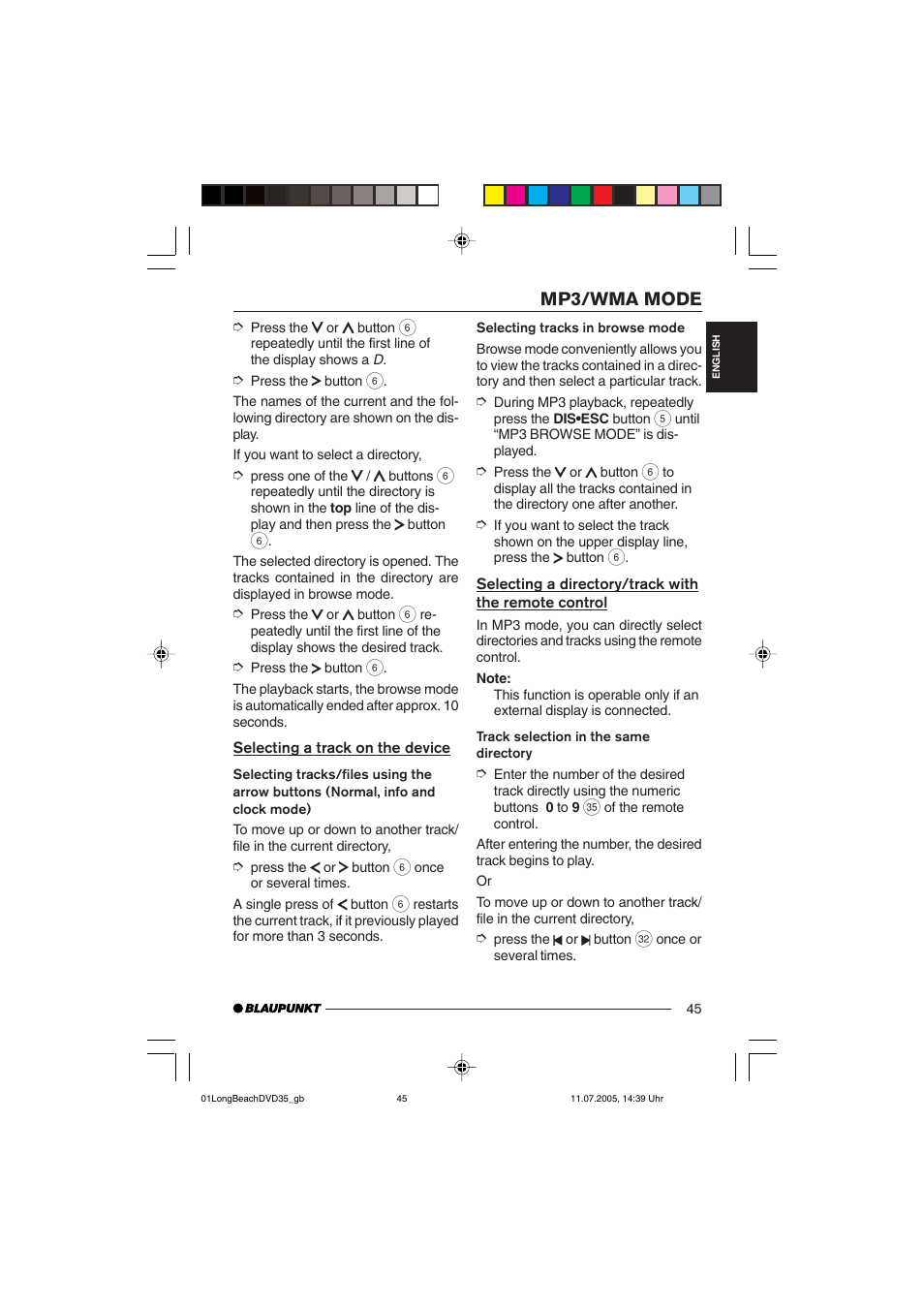 Mp3/wma mode | Blaupunkt LONG BEACH DVD35 User Manual | Page 45 / 65