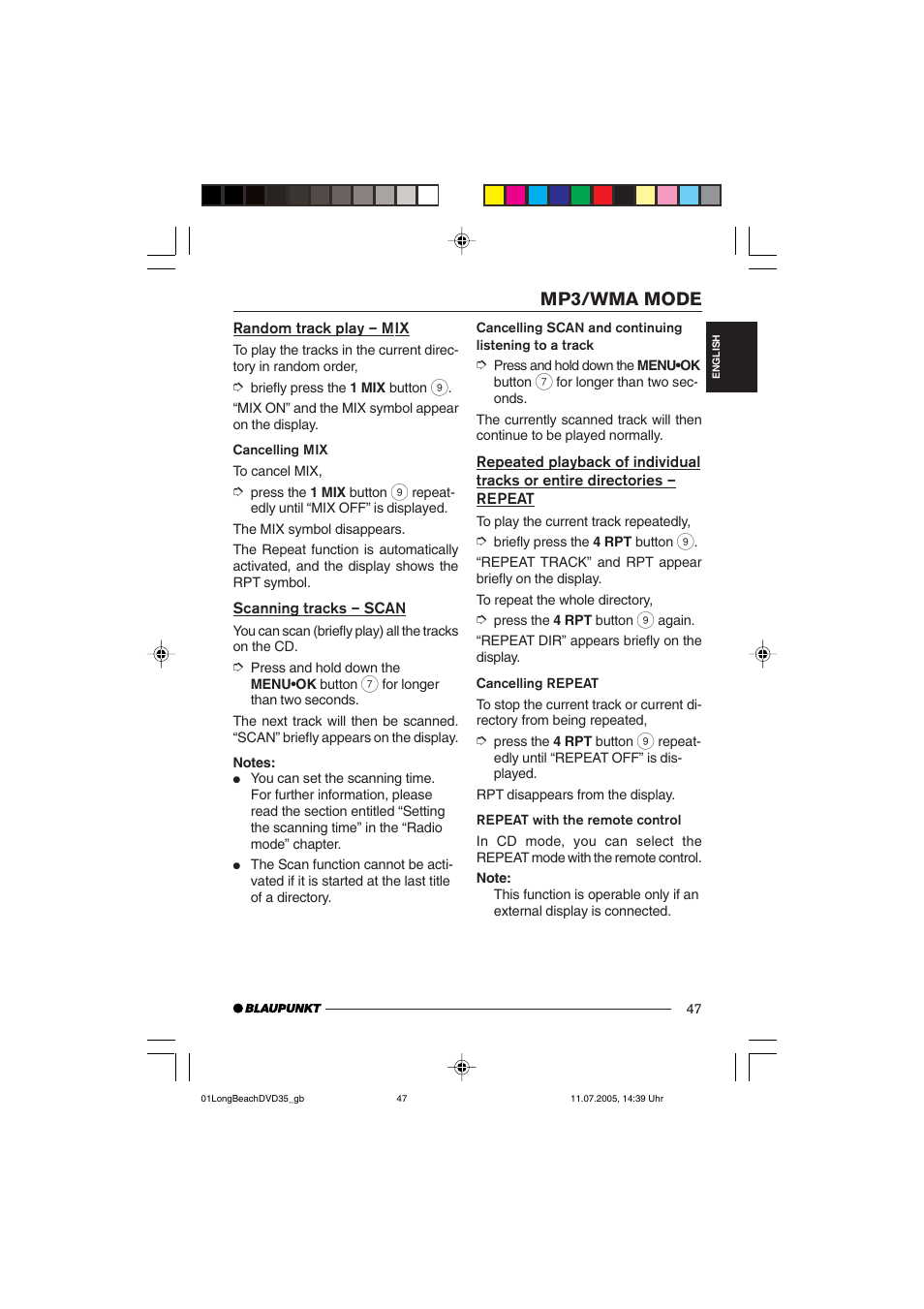 Mp3/wma mode | Blaupunkt LONG BEACH DVD35 User Manual | Page 47 / 65