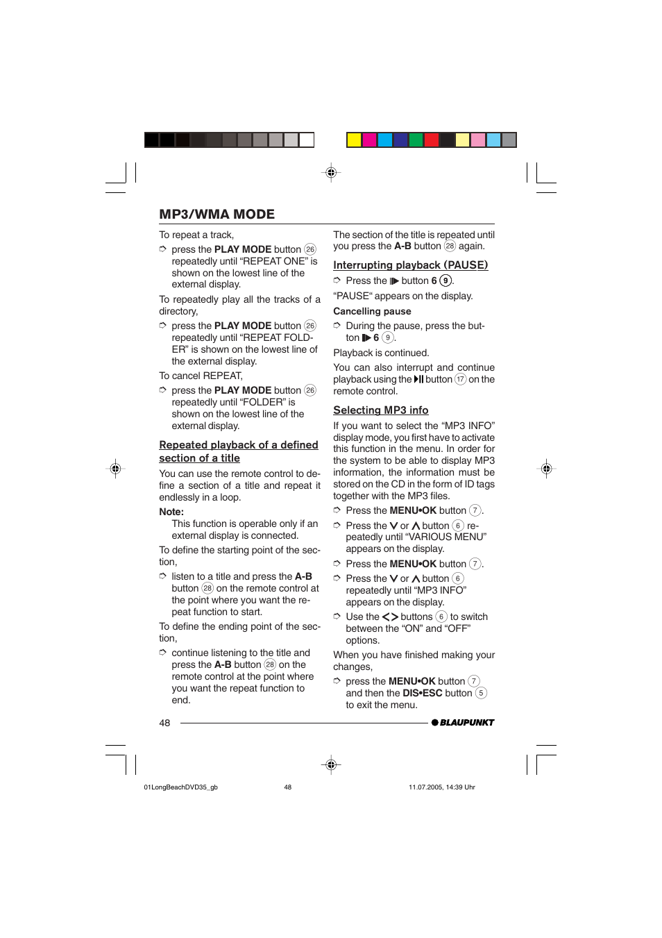 Mp3/wma mode | Blaupunkt LONG BEACH DVD35 User Manual | Page 48 / 65