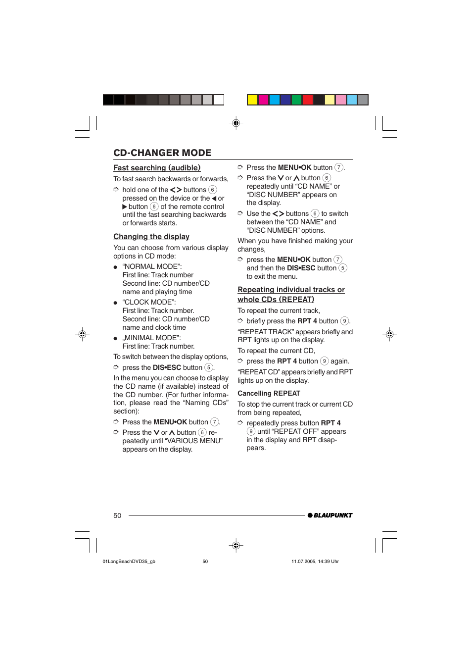 Cd-changer mode | Blaupunkt LONG BEACH DVD35 User Manual | Page 50 / 65