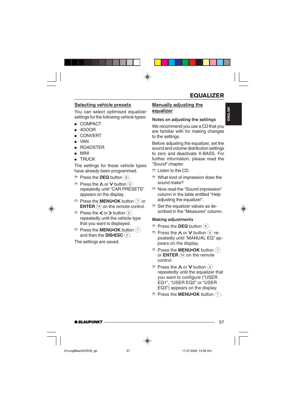 Equalizer | Blaupunkt LONG BEACH DVD35 User Manual | Page 57 / 65