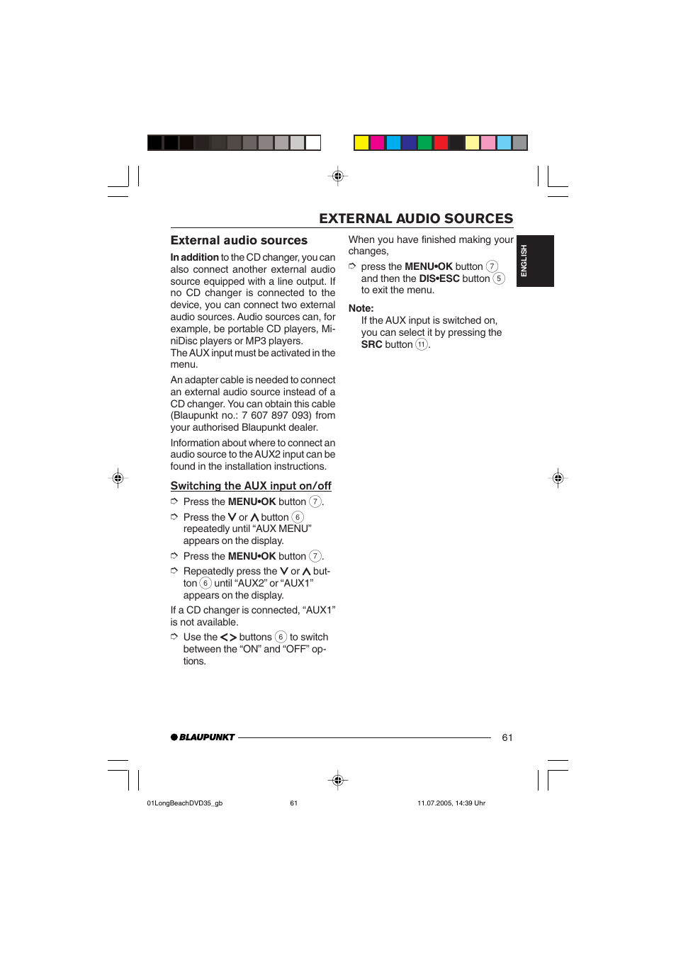 External audio sources | Blaupunkt LONG BEACH DVD35 User Manual | Page 61 / 65