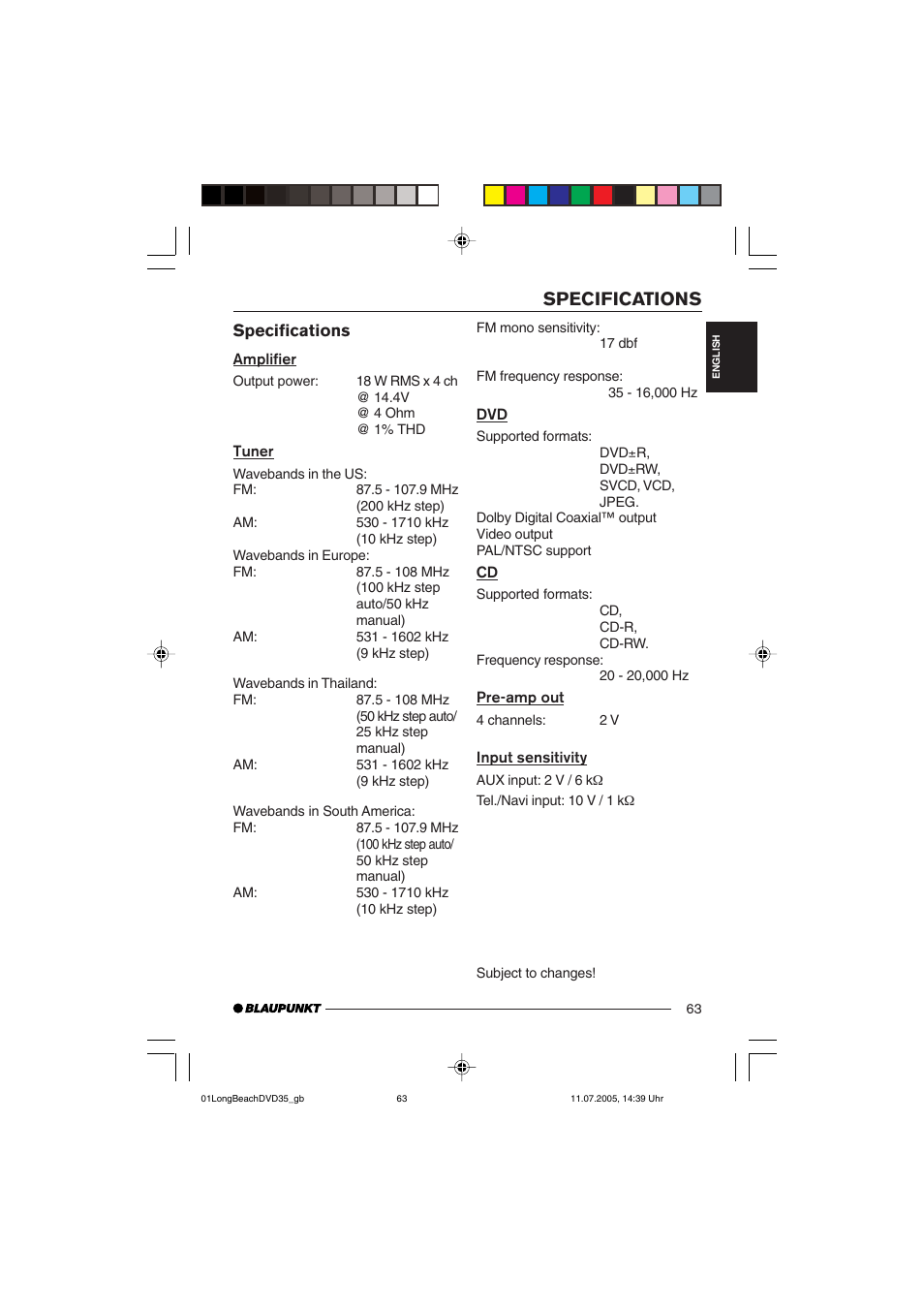 Specifications | Blaupunkt LONG BEACH DVD35 User Manual | Page 63 / 65