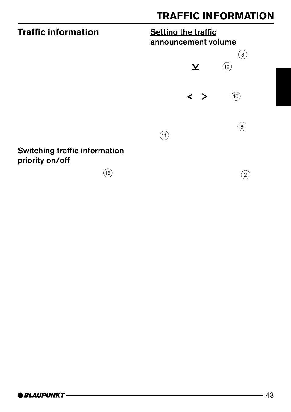 Traffic information, Switching traffic information priority on/off, Setting the traffic announcement volume | Blaupunkt CASABLANCA CD52 User Manual | Page 16 / 30