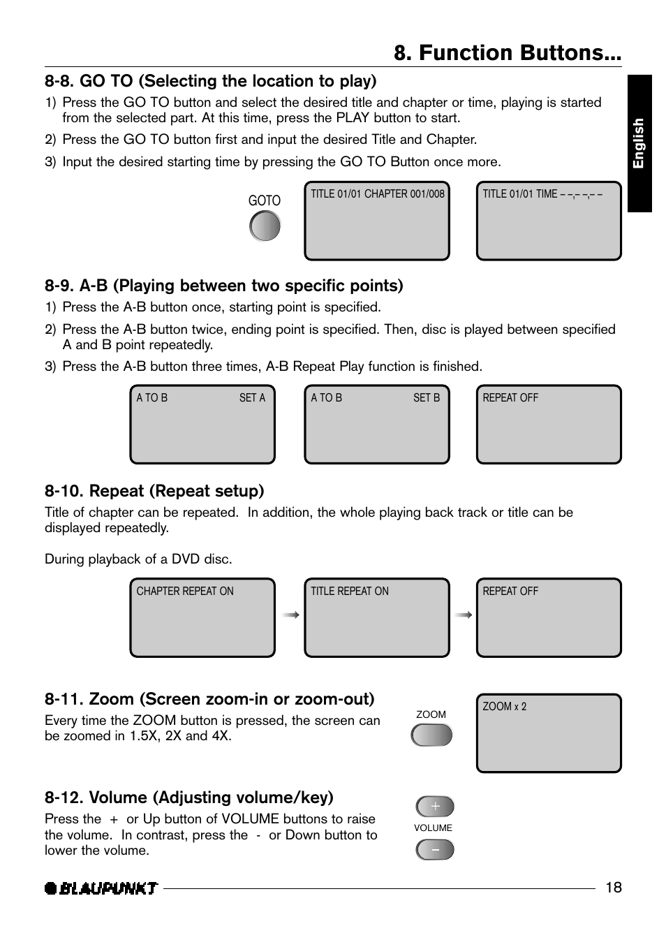 Function buttons, 8. go to (selecting the location to play), 9. a-b (playing between two specific points) | 10. repeat (repeat setup), 11. zoom (screen zoom-in or zoom-out), 12. volume (adjusting volume/key) | Blaupunkt DVD-ME R User Manual | Page 19 / 30