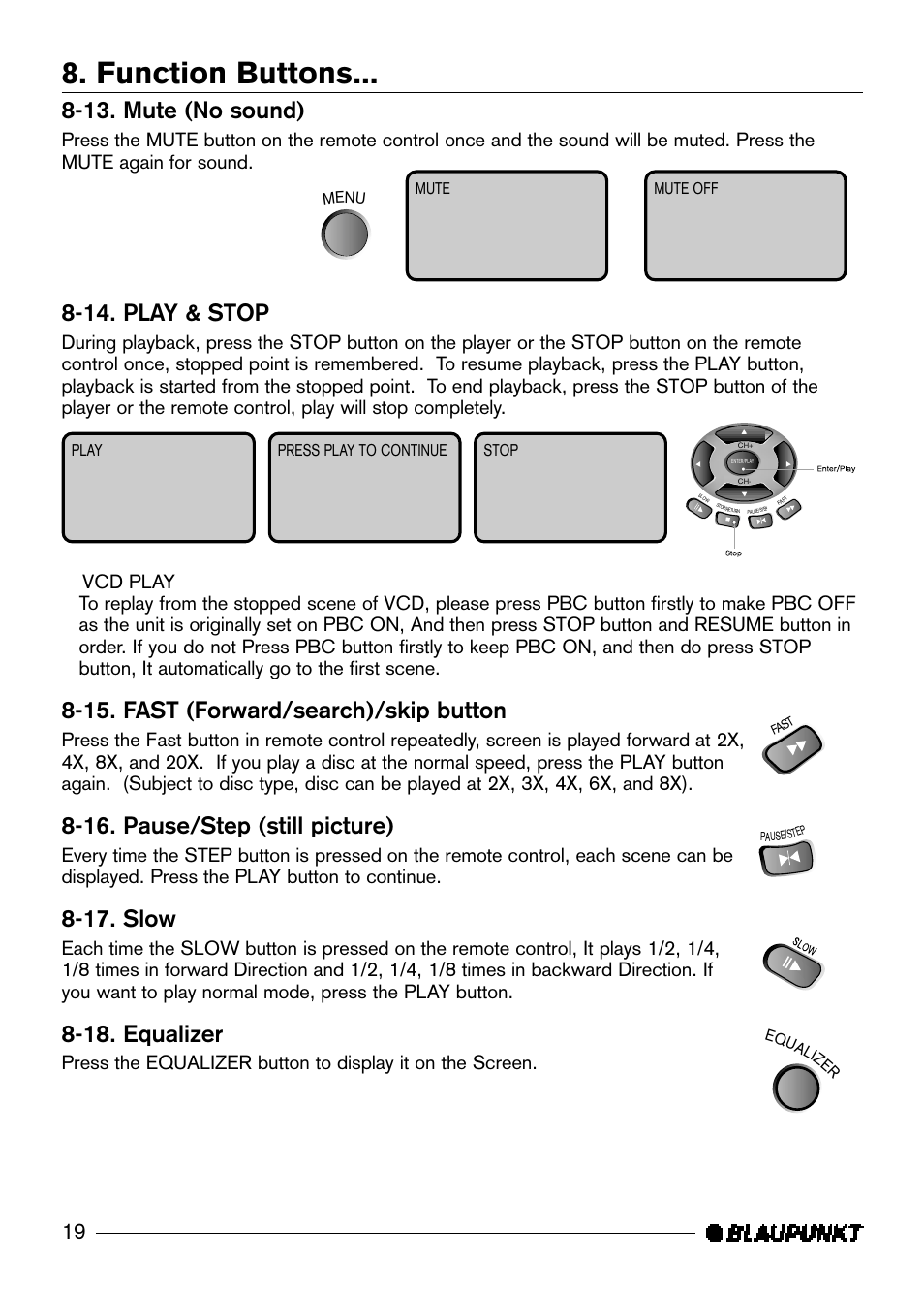 Function buttons, 13. mute (no sound), 14. play & stop | 15. fast (forward/search)/skip button, 16. pause/step (still picture), 17. slow, 18. equalizer | Blaupunkt DVD-ME R User Manual | Page 20 / 30