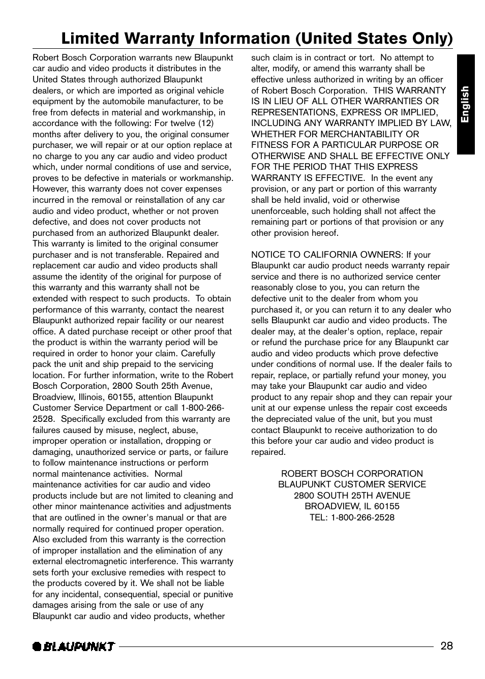 Limited warranty information (united states only) | Blaupunkt DVD-ME R User Manual | Page 29 / 30