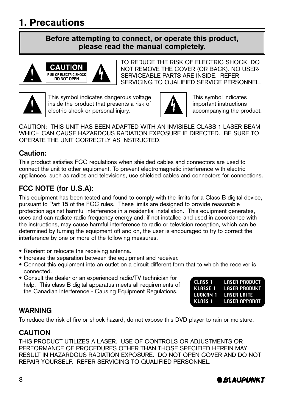 Precautions, Caution, Warning | Blaupunkt DVD-ME R User Manual | Page 4 / 30