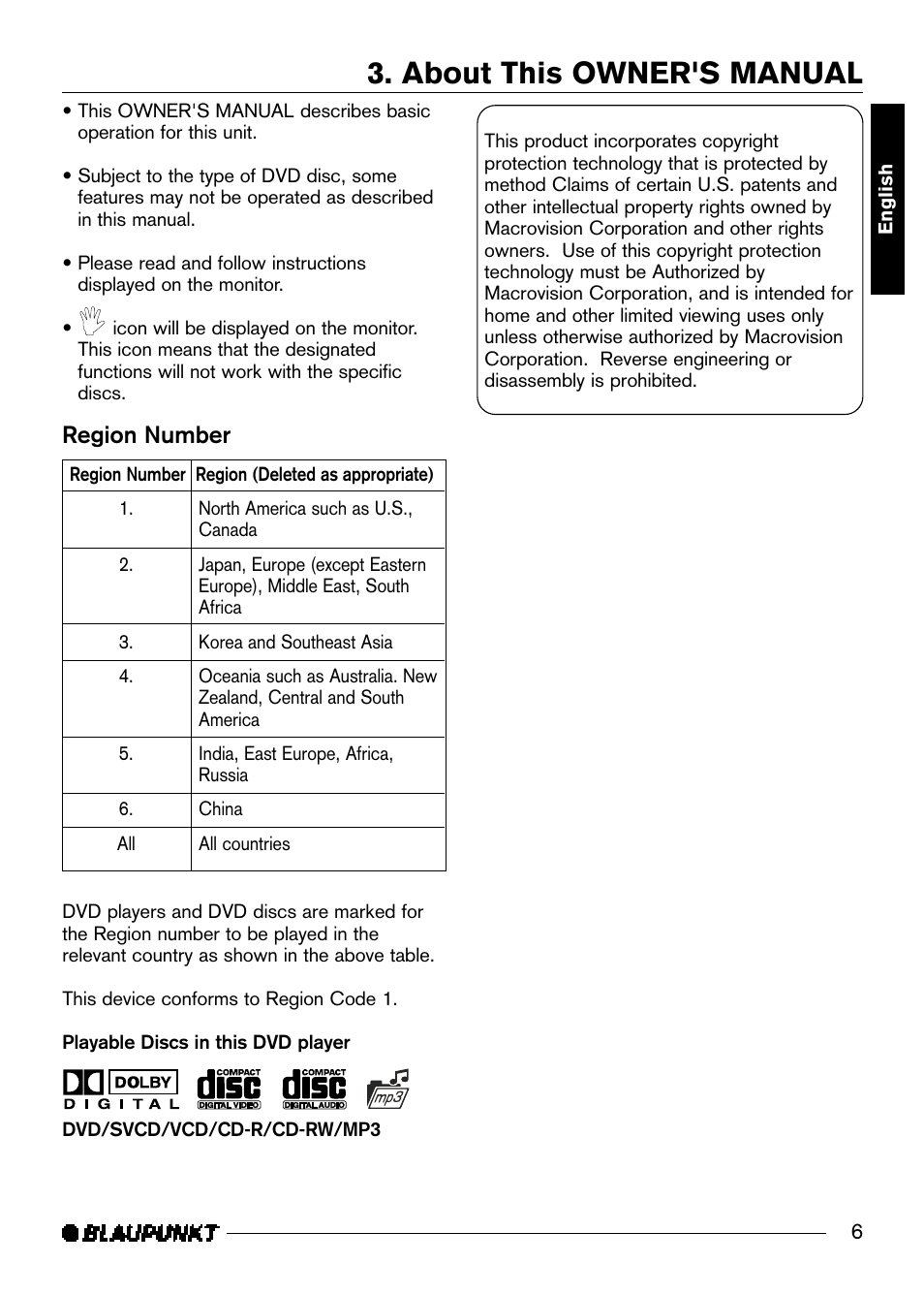About this owner's manual, Region number | Blaupunkt DVD-ME R User Manual | Page 7 / 30