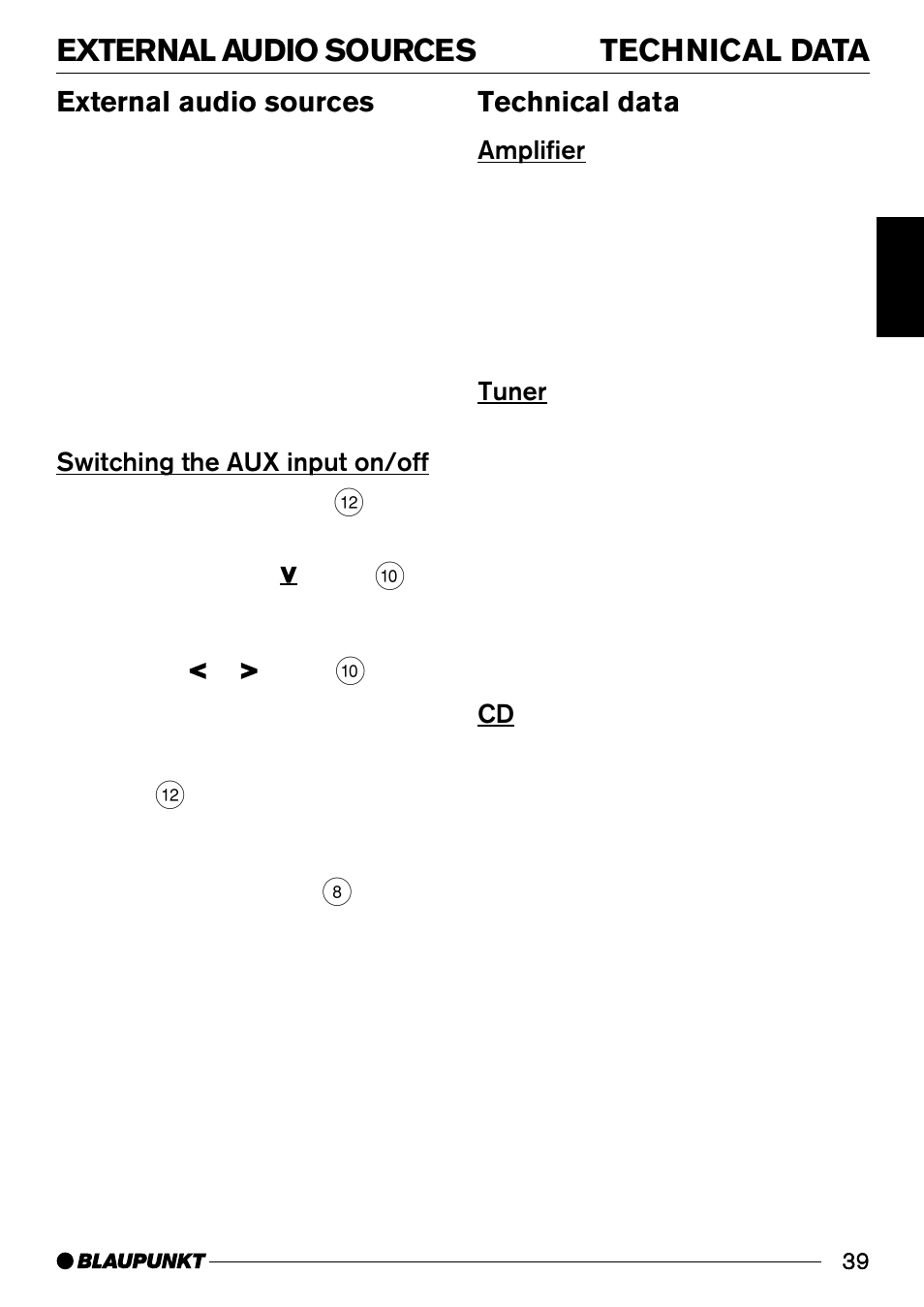 Technical data, External audio sources, Switching the aux input on/off | Amplifier, Tuner | Blaupunkt ALICANTE CD30 User Manual | Page 20 / 21