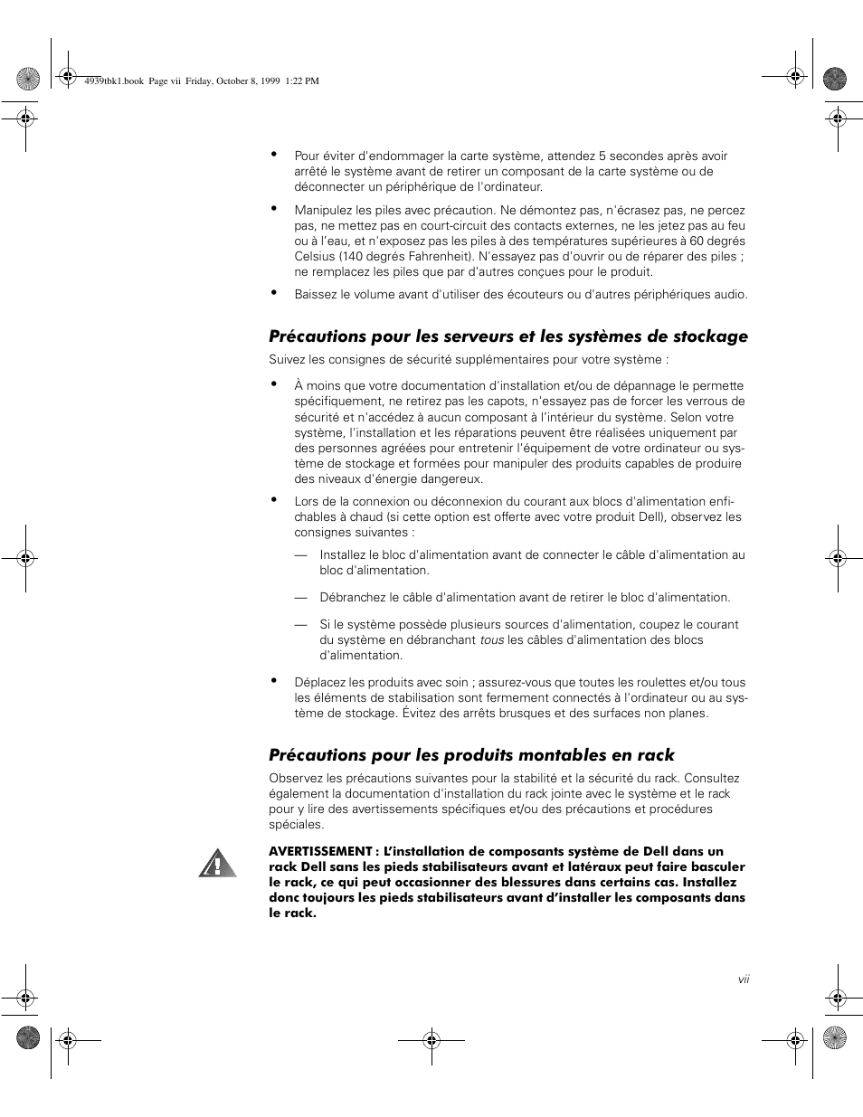 Précautions pour les produits montables en rack | Dell PowerVault 56F (16P Fibre Channel Switch) User Manual | Page 33 / 98