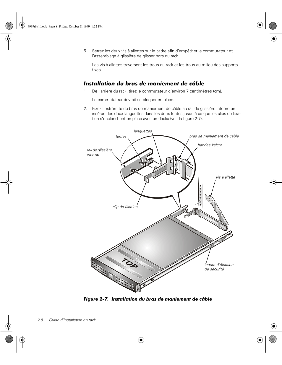 Installation du bras de maniement de câble | Dell PowerVault 56F (16P Fibre Channel Switch) User Manual | Page 48 / 98