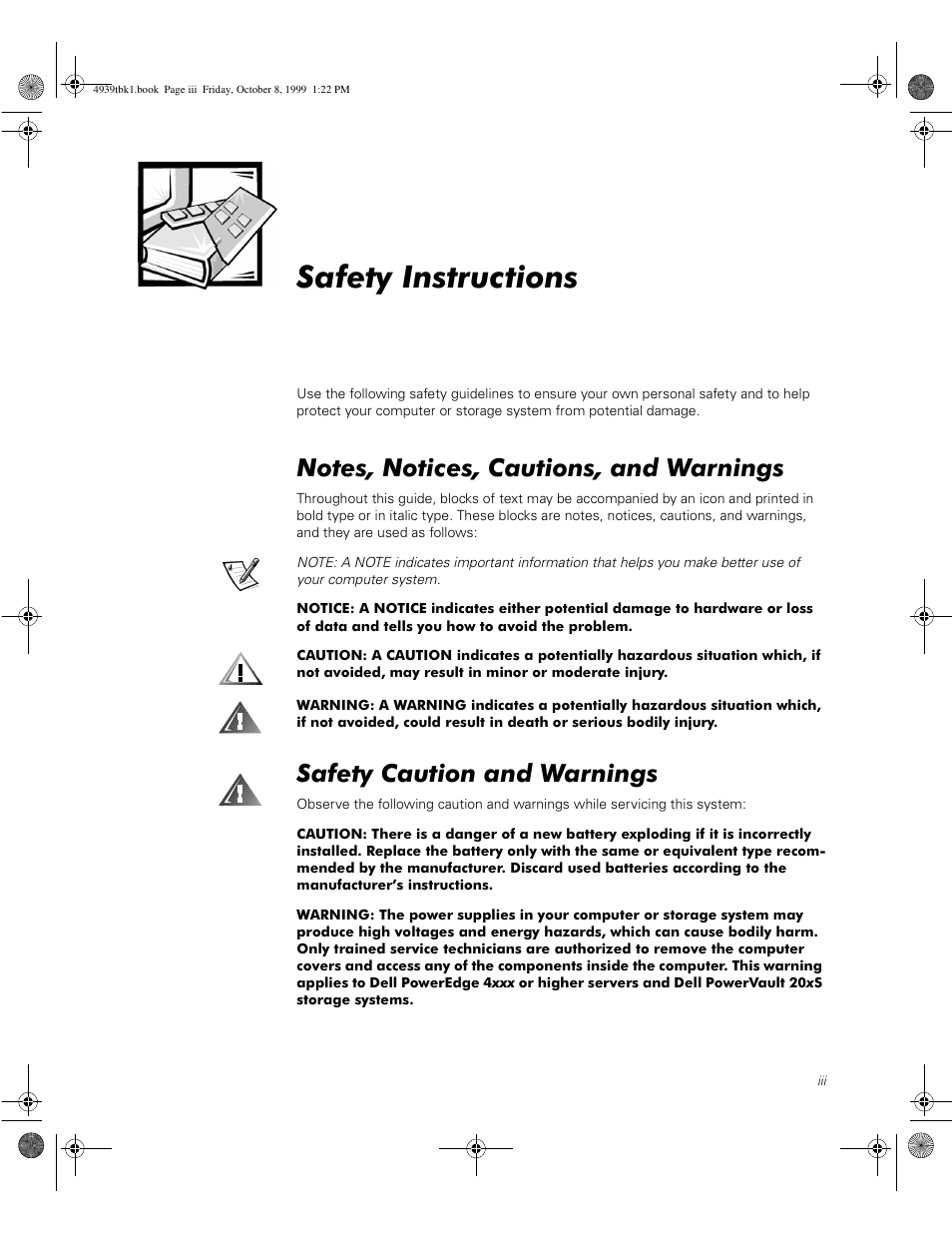 Safety instructions, Notes, notices, cautions, and warnings, Safety caution and warnings | Dell PowerVault 56F (16P Fibre Channel Switch) User Manual | Page 5 / 98