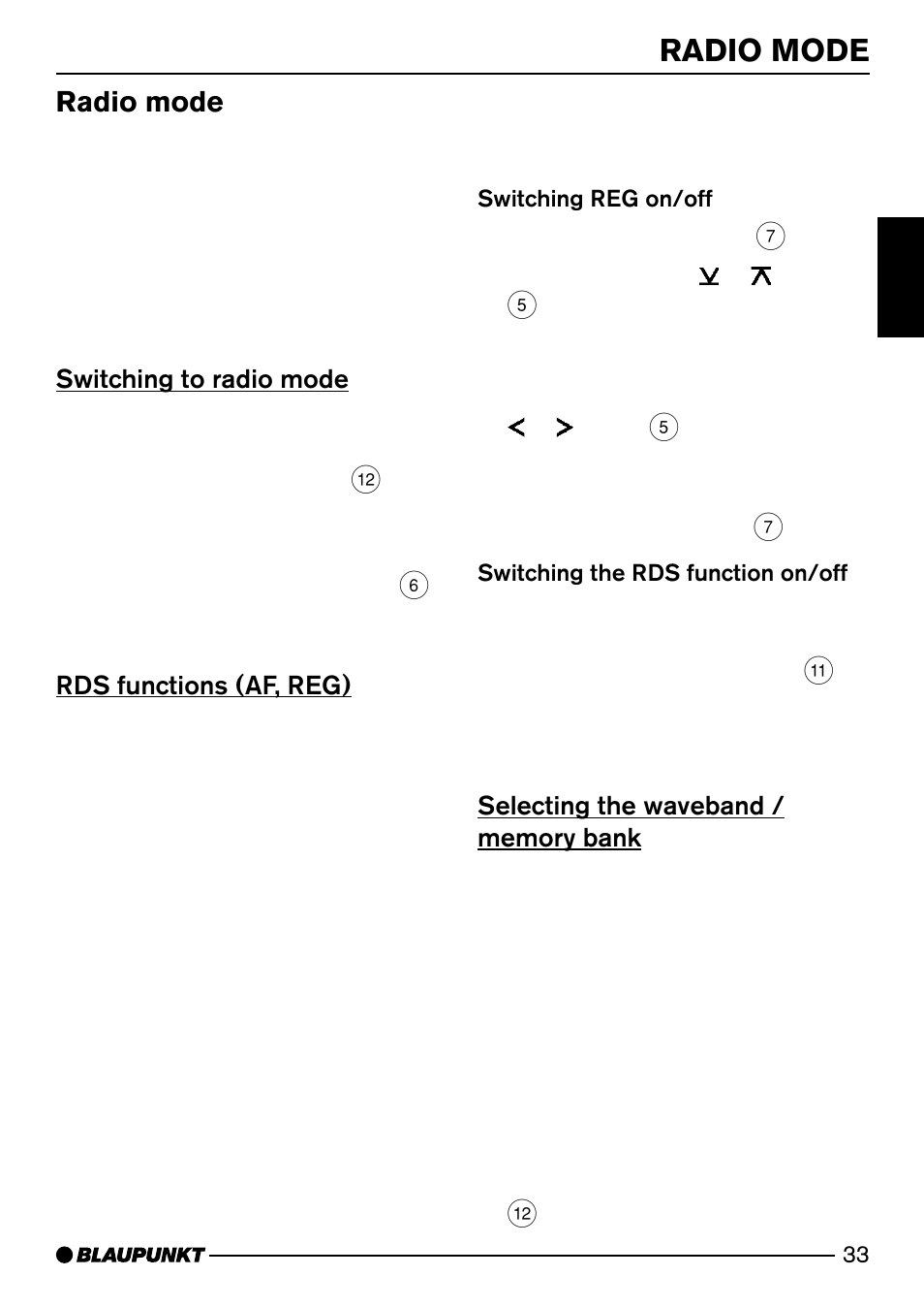 Radio mode, Switching to radio mode, Rds functions (af, reg) | Blaupunkt MINNESOTA DJ32 User Manual | Page 11 / 25