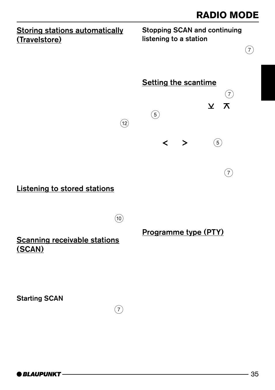 Radio mode, Storing stations automatically (travelstore), Listening to stored stations | Scanning receivable stations (scan), Setting the scantime, Programme type (pty) | Blaupunkt MINNESOTA DJ32 User Manual | Page 13 / 25