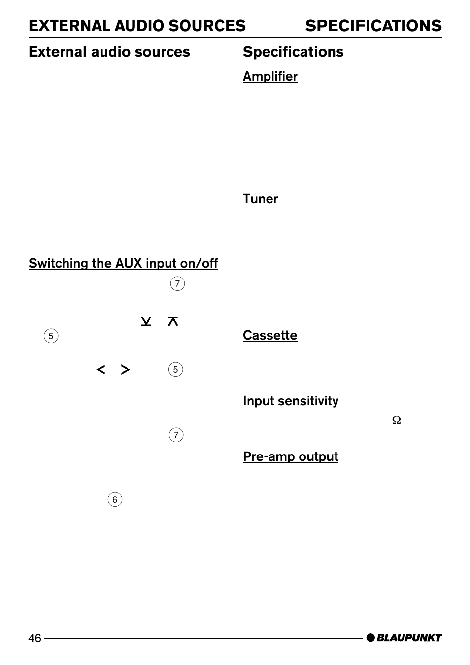 Specifications external audio sources, External audio sources, Specifications | Blaupunkt MINNESOTA DJ32 User Manual | Page 24 / 25