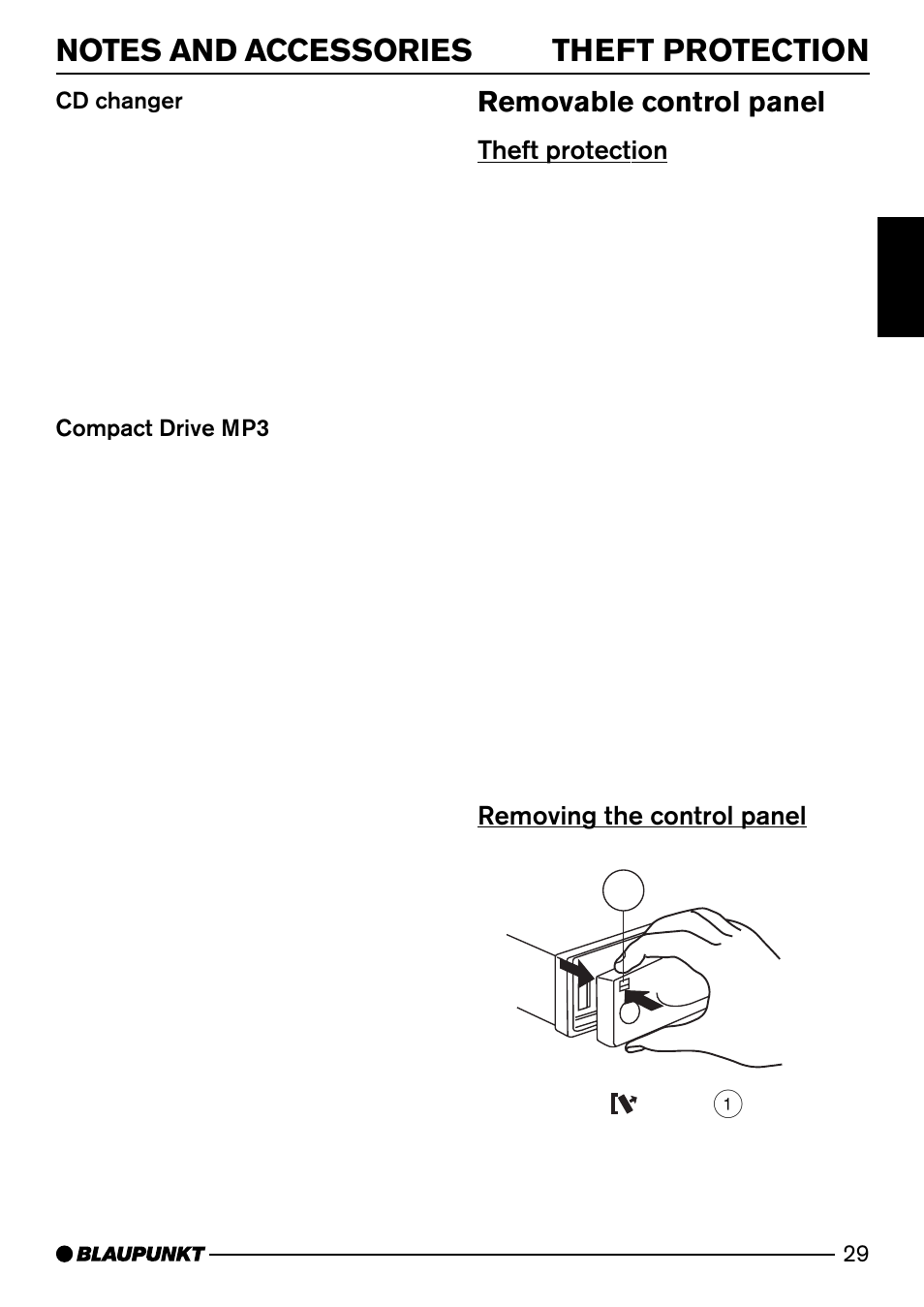 Removable control panel, Theft protection, Removing the control panel 1 | Blaupunkt MINNESOTA DJ32 User Manual | Page 7 / 25