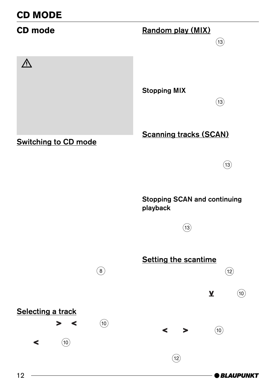 Cd mode, Switching to cd mode, Selecting a track | Random play (mix), Scanning tracks (scan), Setting the scantime | Blaupunkt SANTA MONICA CD30 User Manual | Page 12 / 19