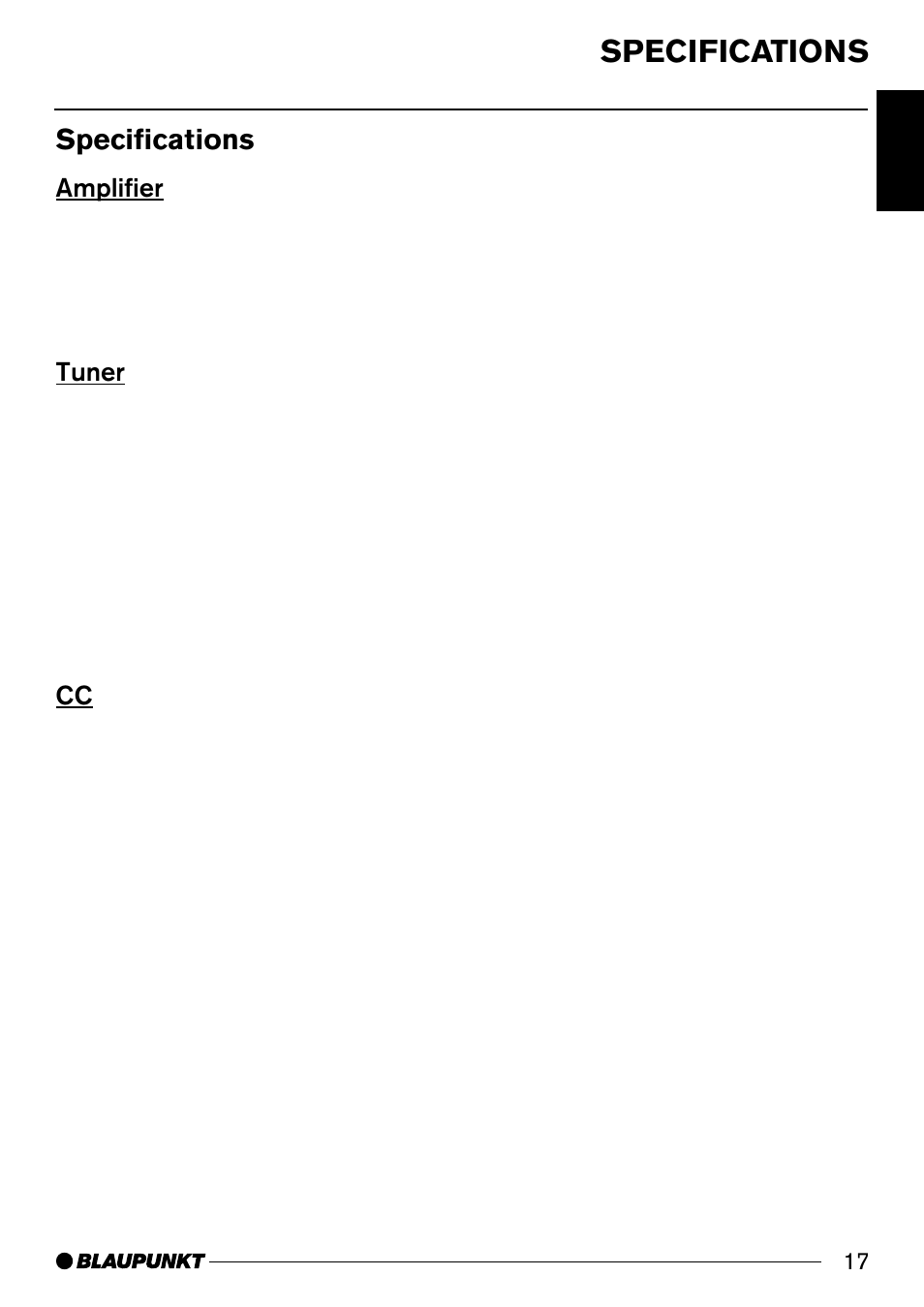Specifications, Amplifier, Tuner | Blaupunkt ST. LOUIS C33 User Manual | Page 17 / 33