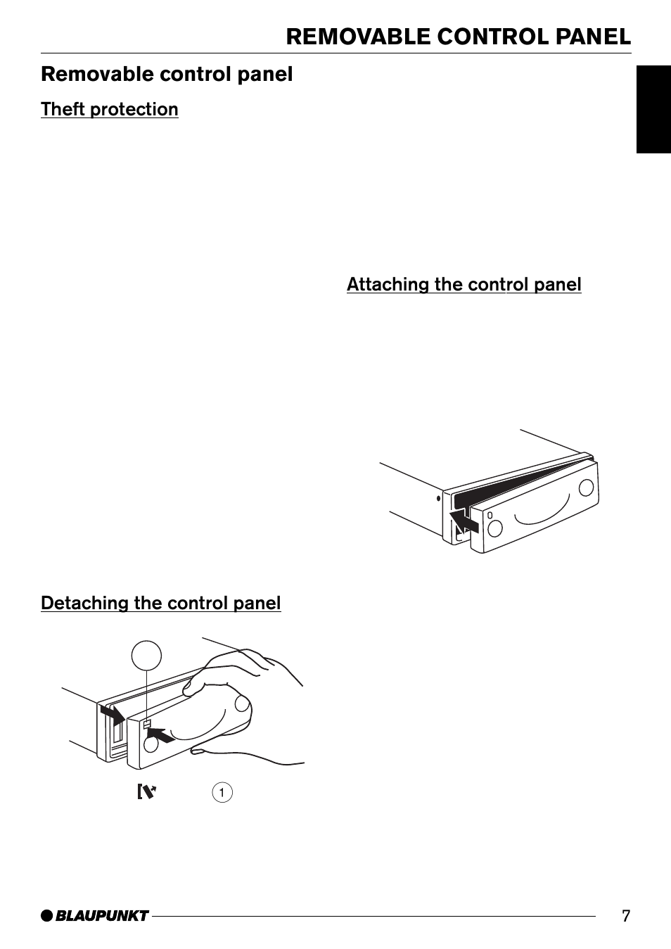 Removable control panel, Theft protection, Detaching the control panel 1 | Attaching the control panel | Blaupunkt ST. LOUIS C33 User Manual | Page 25 / 33