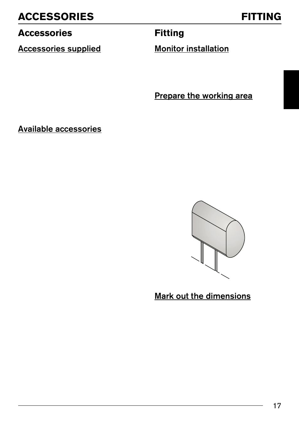 Accessories fitting, Accessories, Fitting | Accessories supplied, Available accessories, Monitor installation, Prepare the working area, Mark out the dimensions | Blaupunkt IVMS-5802 User Manual | Page 5 / 15