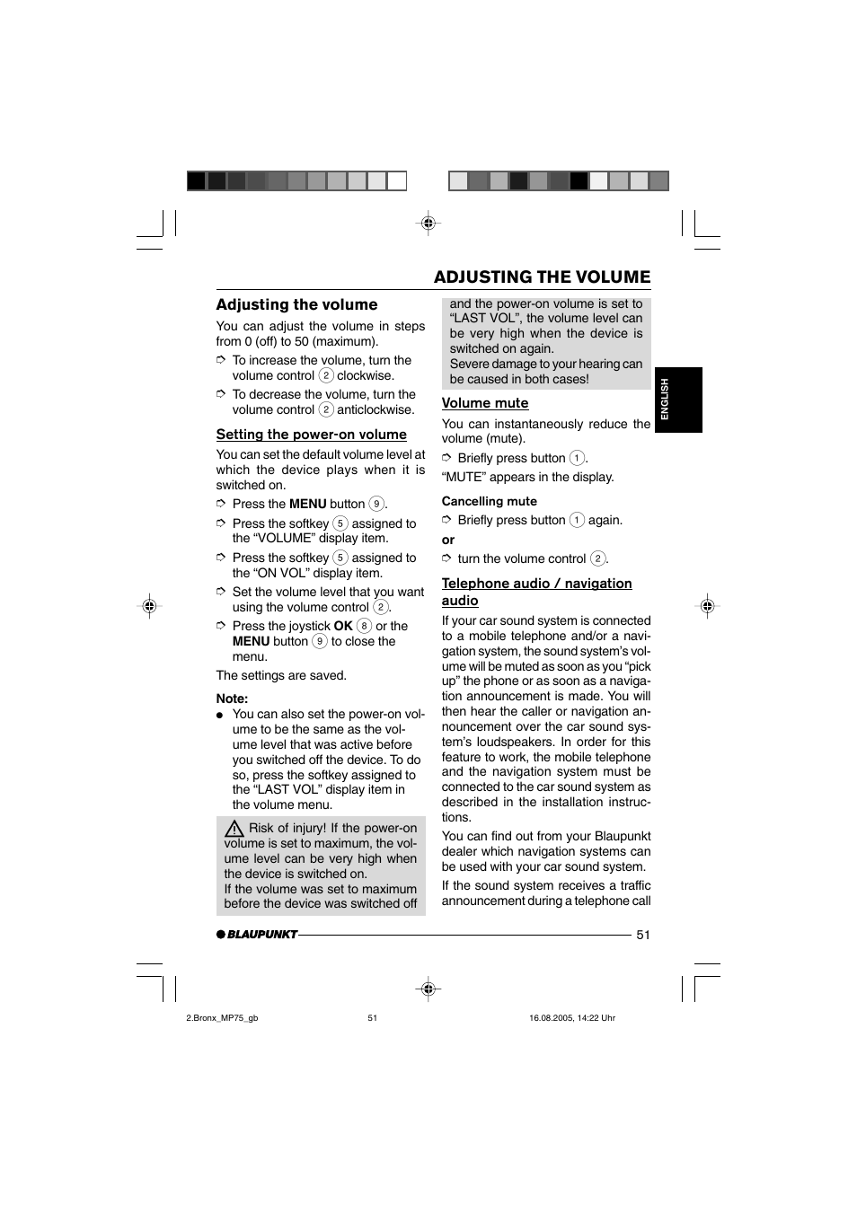 Adjusting the volume | Blaupunkt BRONX MP75 User Manual | Page 10 / 46