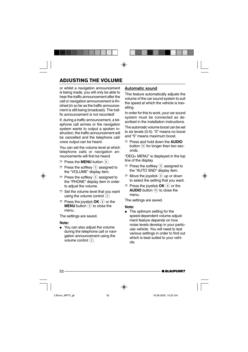 Adjusting the volume | Blaupunkt BRONX MP75 User Manual | Page 11 / 46