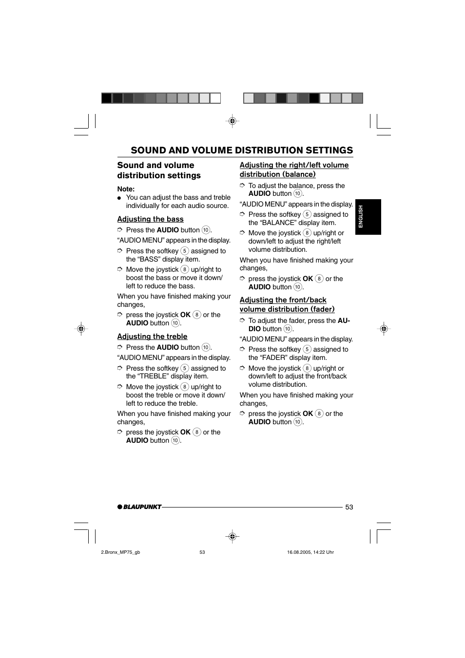 Sound and volume distribution settings | Blaupunkt BRONX MP75 User Manual | Page 12 / 46
