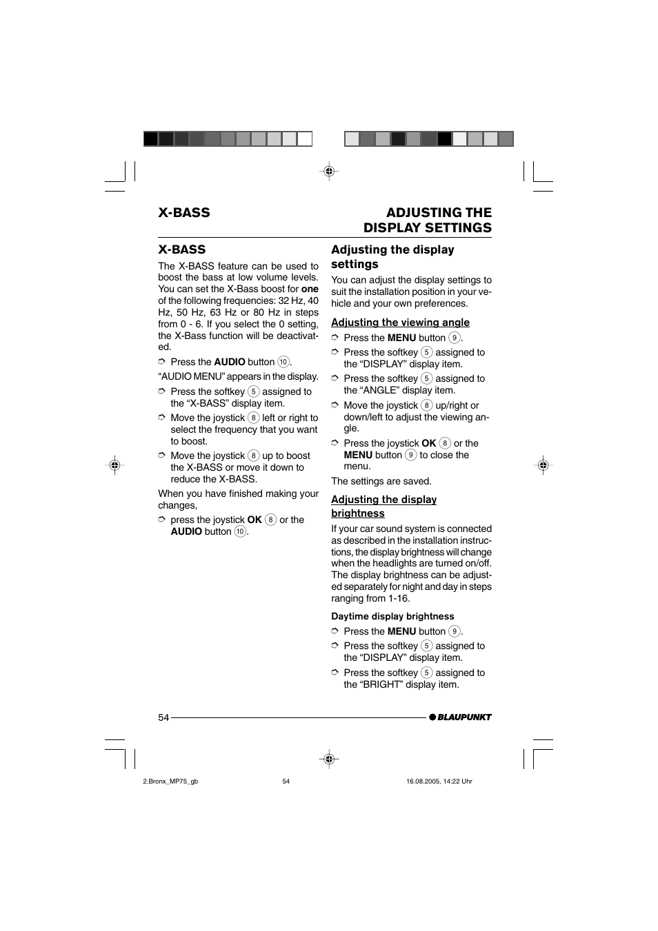 X-bass adjusting the display settings | Blaupunkt BRONX MP75 User Manual | Page 13 / 46