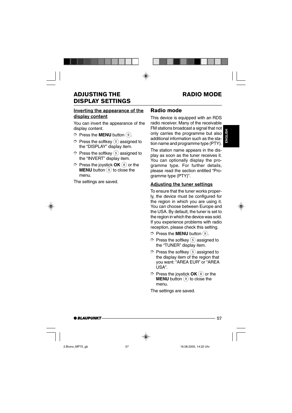 Adjusting the display settings radio mode | Blaupunkt BRONX MP75 User Manual | Page 16 / 46