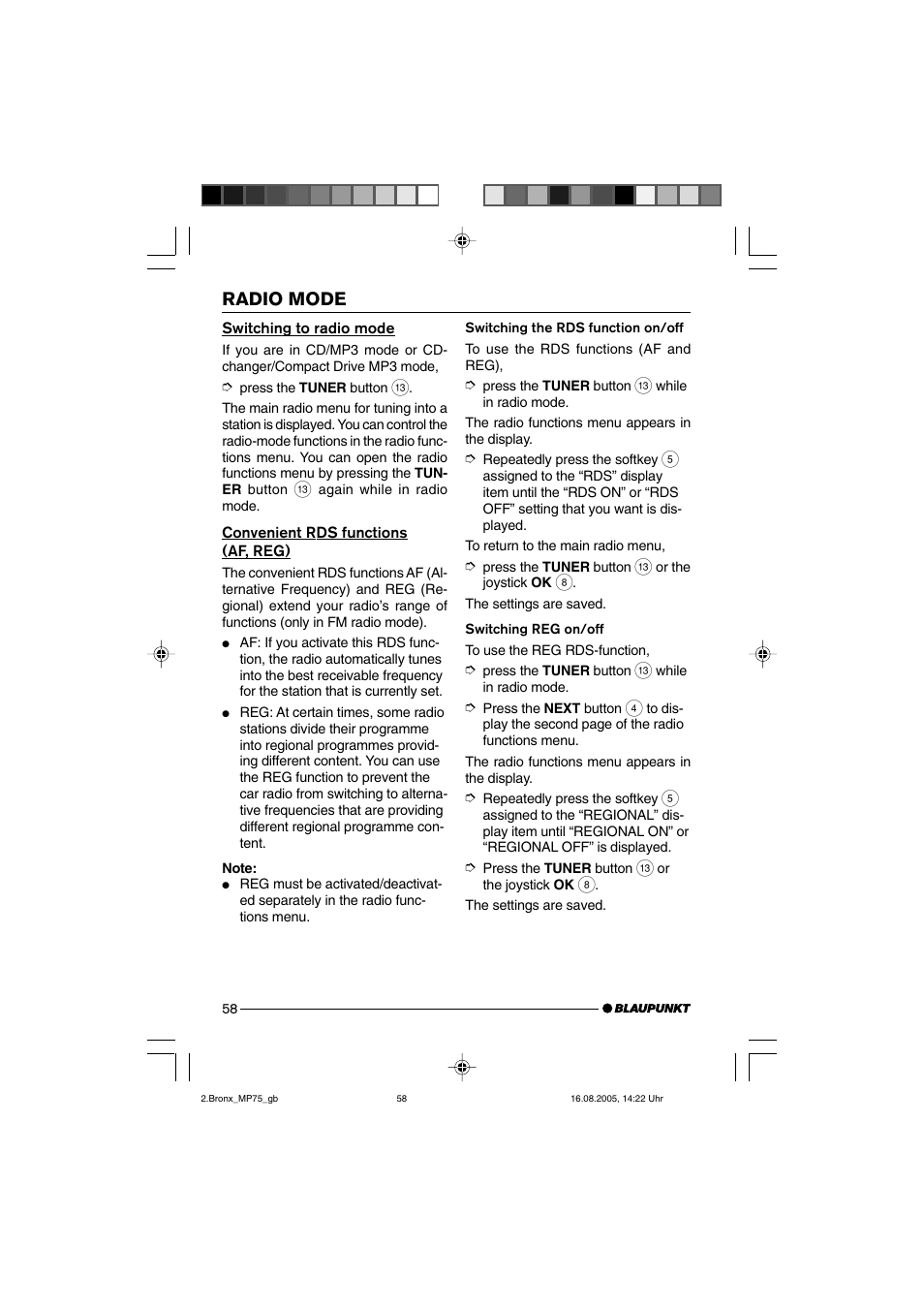 Radio mode | Blaupunkt BRONX MP75 User Manual | Page 17 / 46