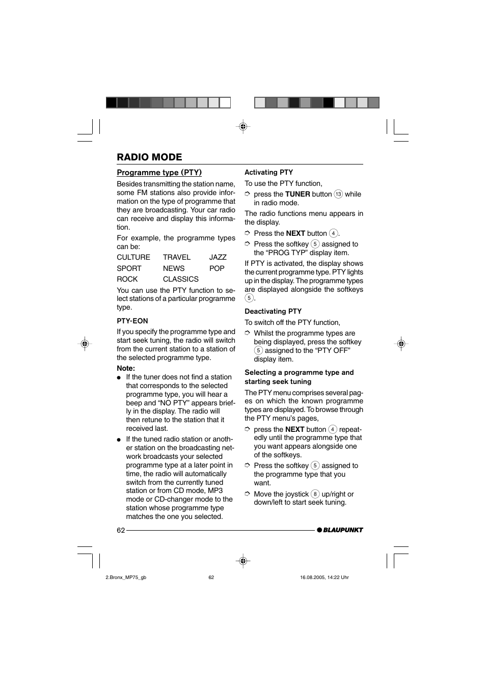 Radio mode | Blaupunkt BRONX MP75 User Manual | Page 21 / 46