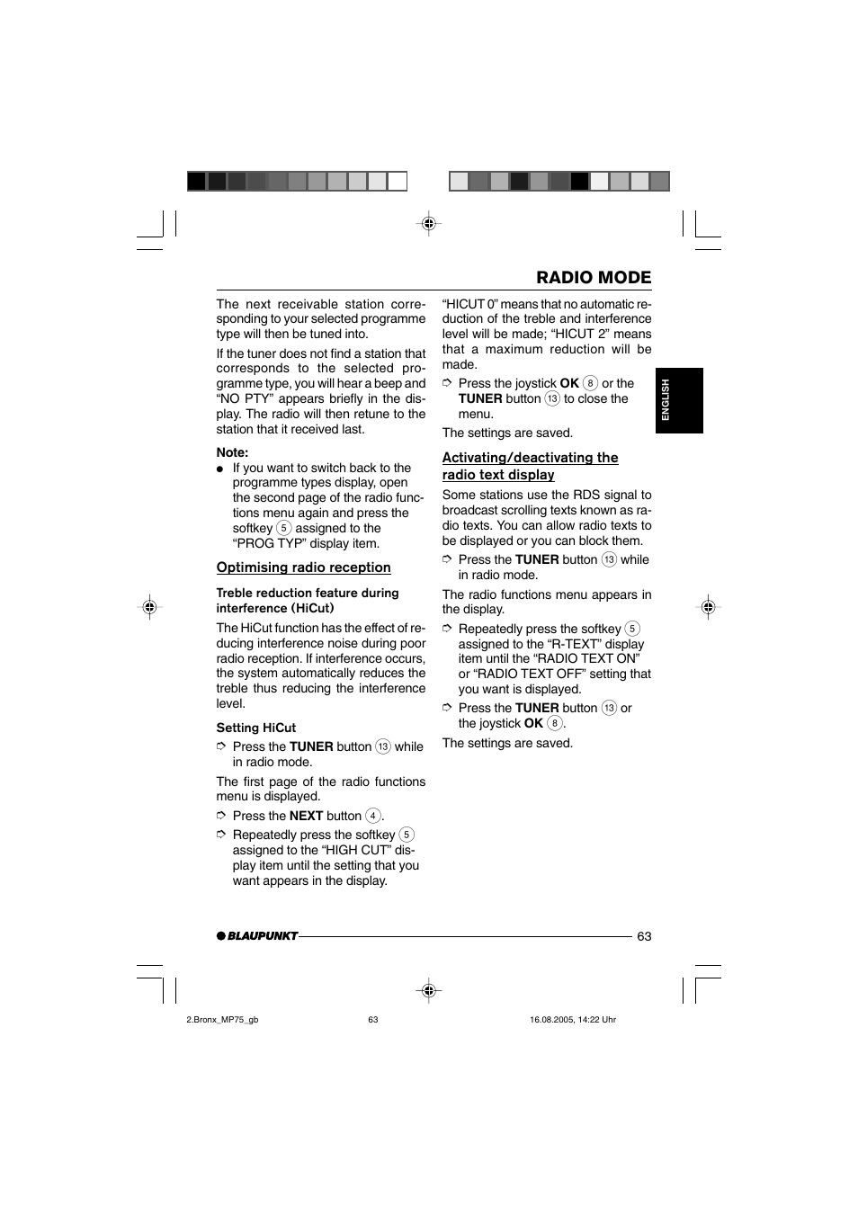 Radio mode | Blaupunkt BRONX MP75 User Manual | Page 22 / 46