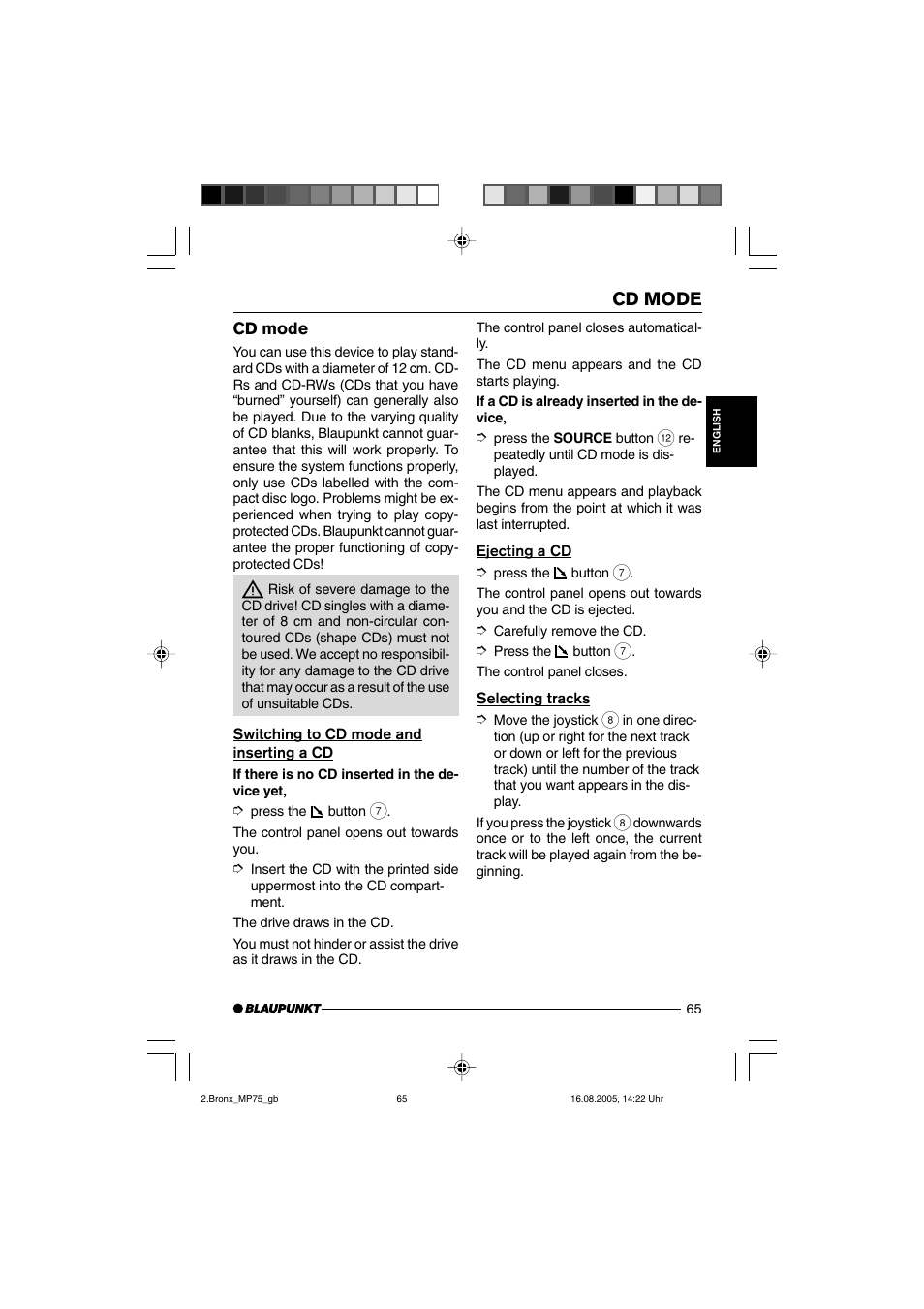 Cd mode | Blaupunkt BRONX MP75 User Manual | Page 24 / 46
