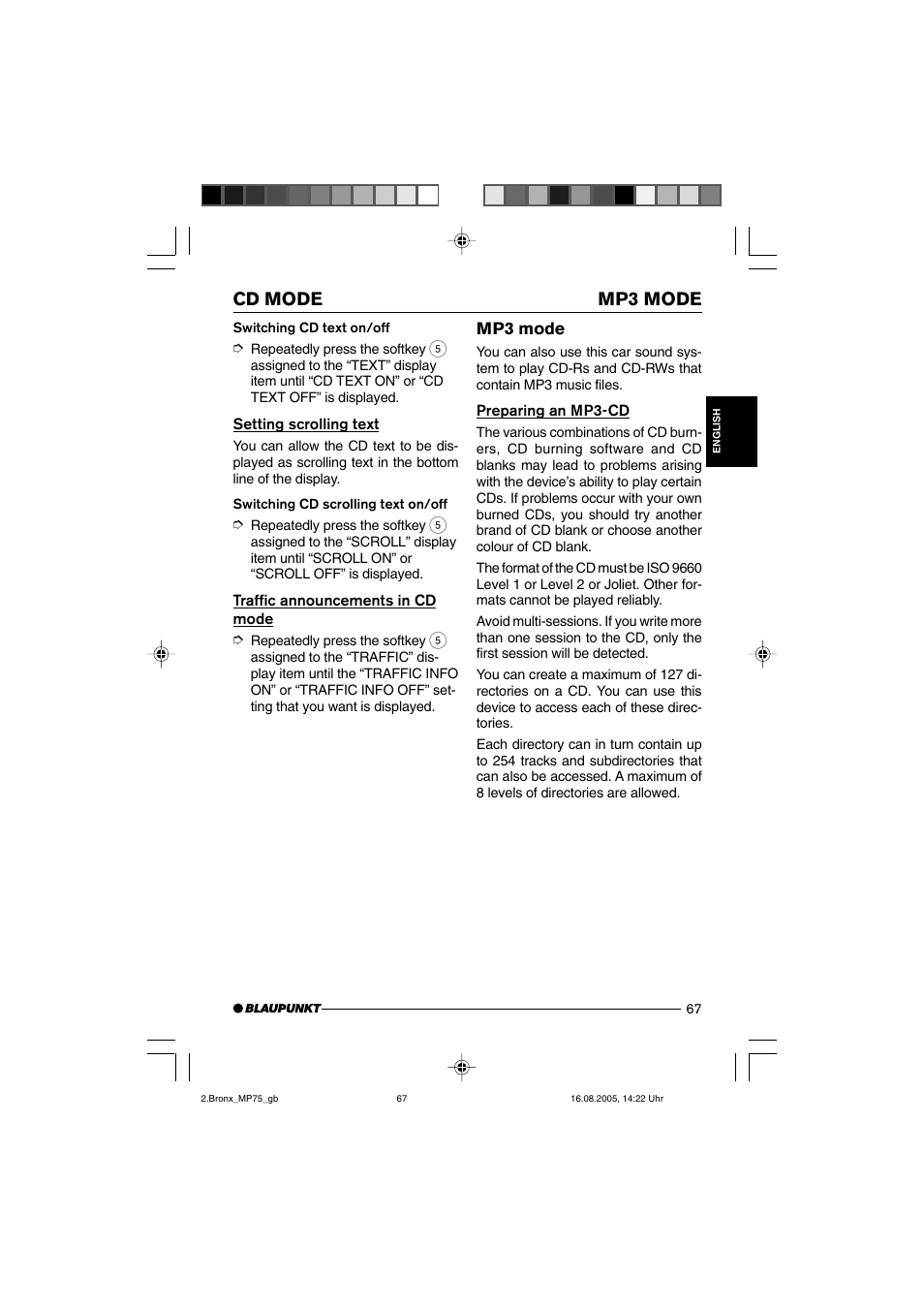 Cd mode mp3 mode, Mp3 mode | Blaupunkt BRONX MP75 User Manual | Page 26 / 46