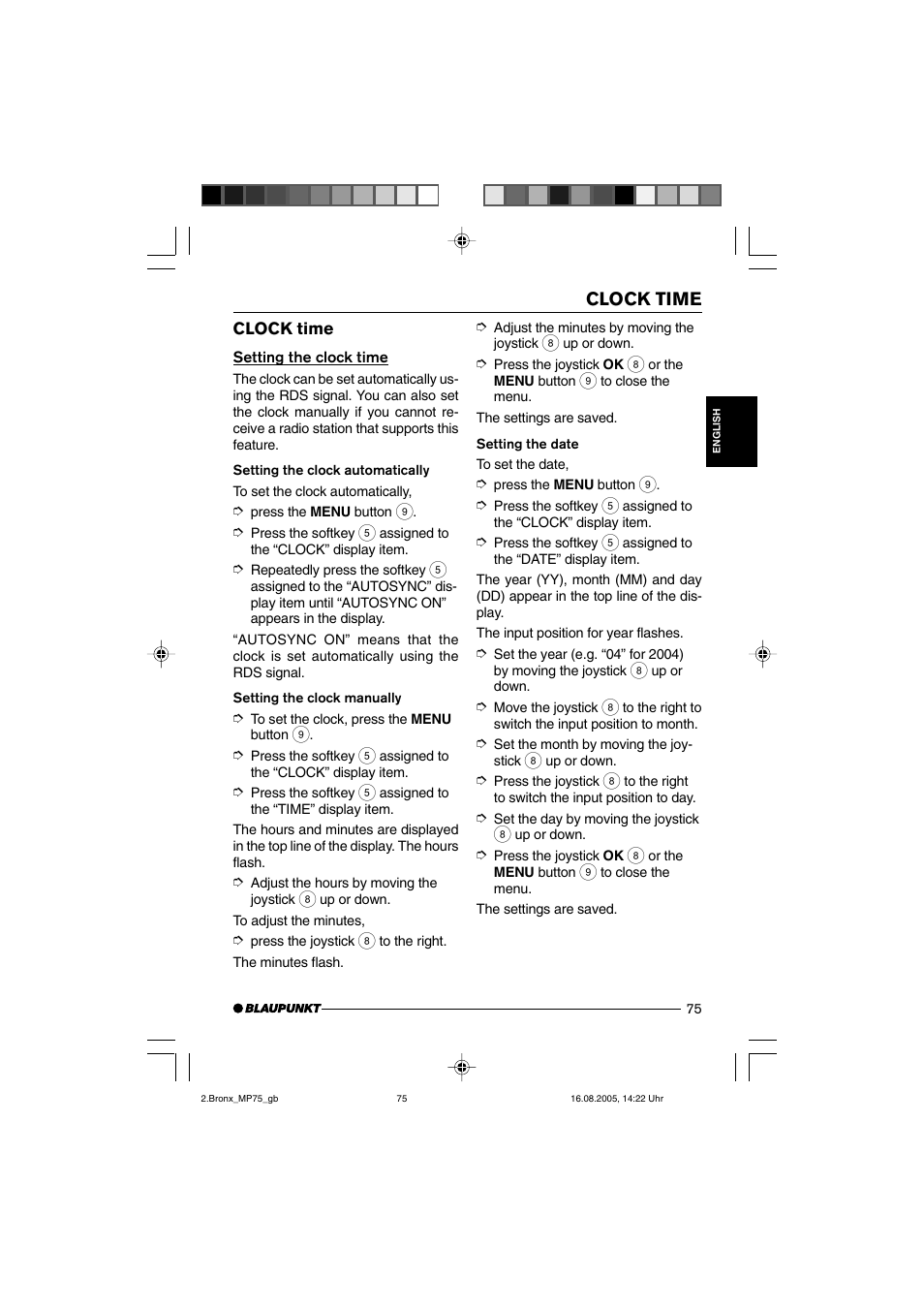 Clock time | Blaupunkt BRONX MP75 User Manual | Page 34 / 46