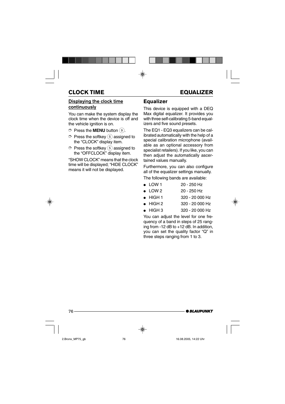 Clock time equalizer, Equalizer | Blaupunkt BRONX MP75 User Manual | Page 35 / 46