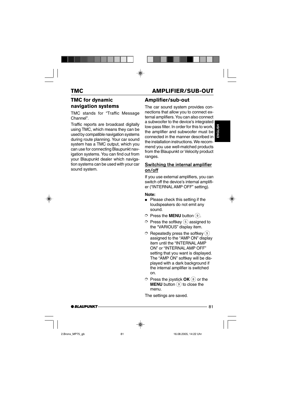 Amplifier/sub-out tmc, Tmc for dynamic navigation systems, Amplifier/sub-out | Blaupunkt BRONX MP75 User Manual | Page 40 / 46