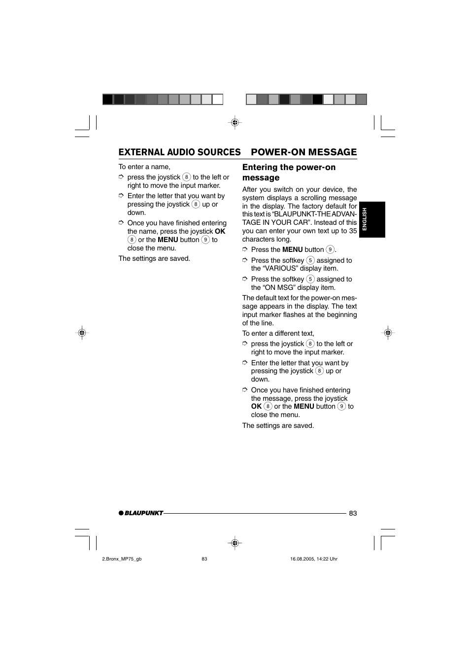 External audio sources power-on message, Entering the power-on message | Blaupunkt BRONX MP75 User Manual | Page 42 / 46